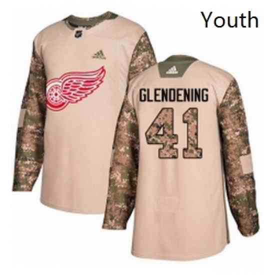 Youth Adidas Detroit Red Wings 41 Luke Glendening Authentic Camo Veterans Day Practice NHL Jersey
